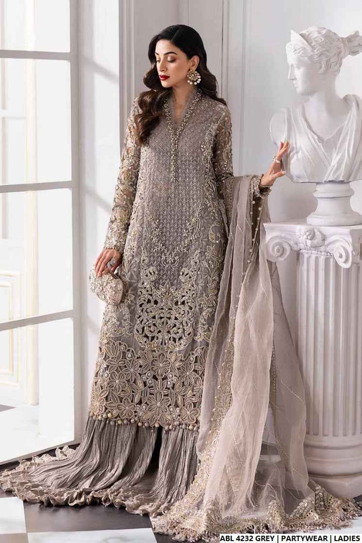 Grey organza Pakistani women's A-Line shirt side view