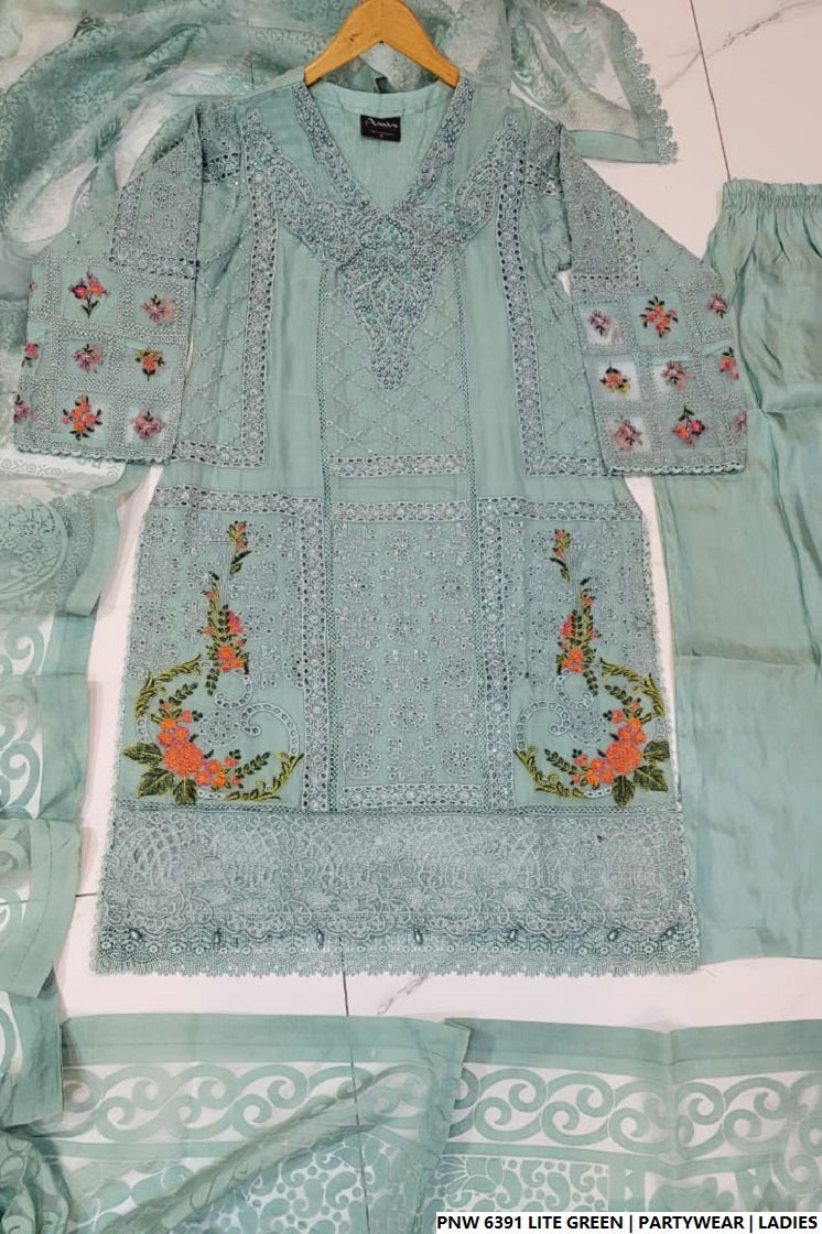 Chiffon straight shirt plazo light green - Pakistani women's party wear with viscose plazo and chiffon dupatta front view