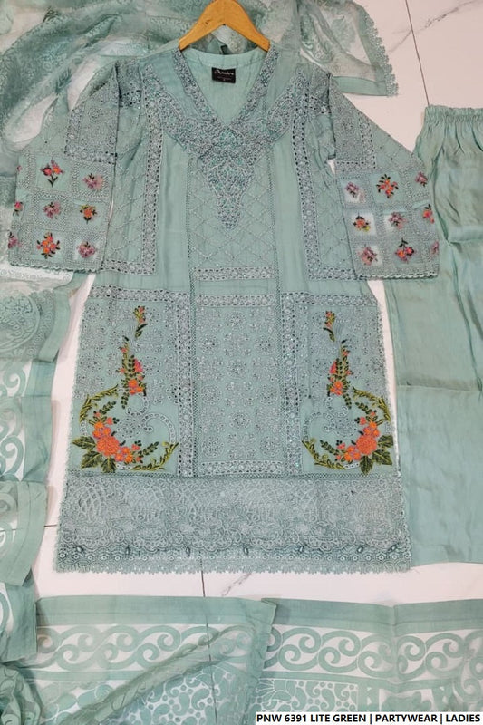 Chiffon straight shirt plazo light green - Pakistani women's party wear with viscose plazo and chiffon dupatta front view