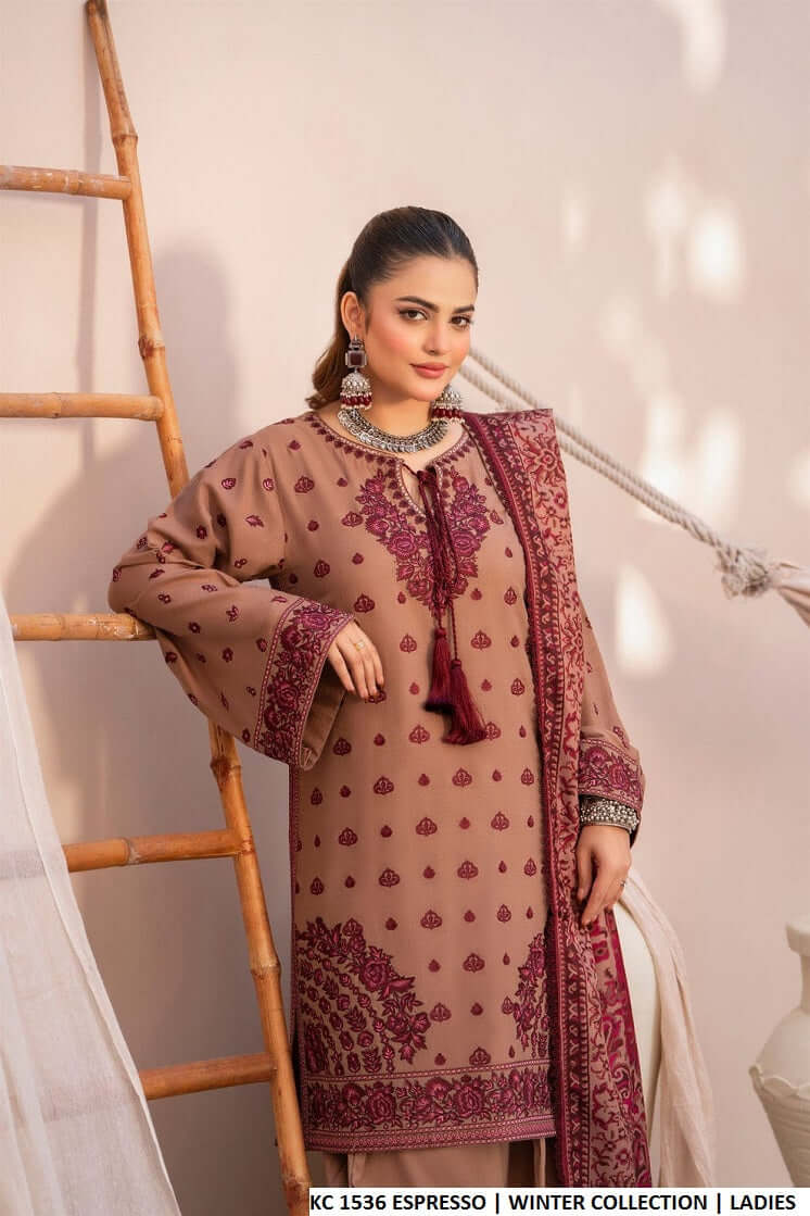 Espresso brown silk Pakistani women's short shirt with farshi shalwar side view