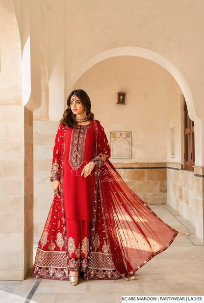 Silk long kaftan plazo maroon - Pakistani women's luxury formal wear with silk dupatta front view