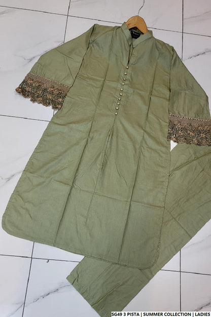 Pakistani women's pista green lawn A-Line casual shirt full view