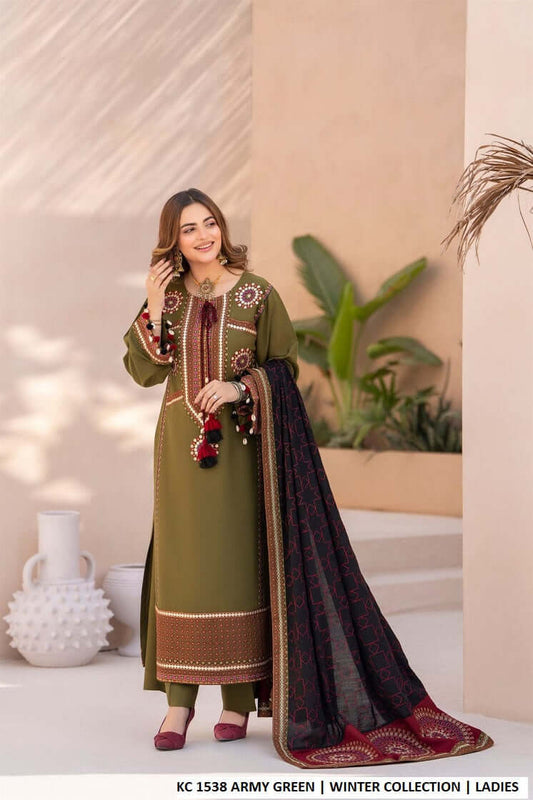 Silk short shirt army green - Pakistani women's traditional formal outfit front view