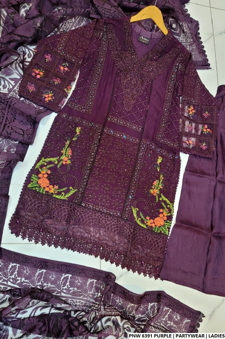 Pakistani women's purple chiffon straight shirt plazo back view