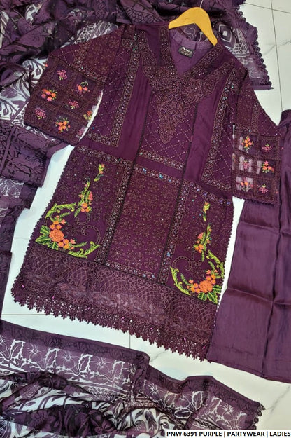 Pakistani women's purple chiffon straight shirt plazo back view