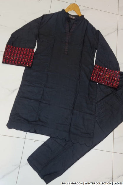 Pakistani women's black maroon lawn A-Line casual outfit back view