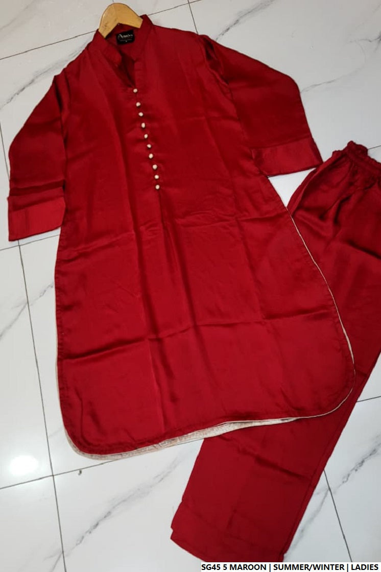 Pakistani women's maroon silk A-Line shirt detail view