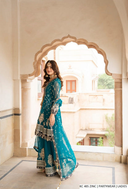 Pakistani women's zinc grey silk long kaftan plazo back view
