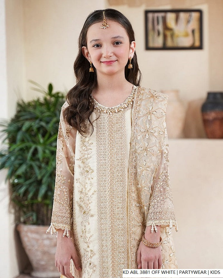 Pakistani girls off white chiffon frock detail view