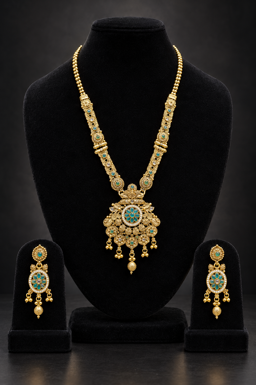 JW229 – Gold-Tone Floral Necklace Set with Teal Accents