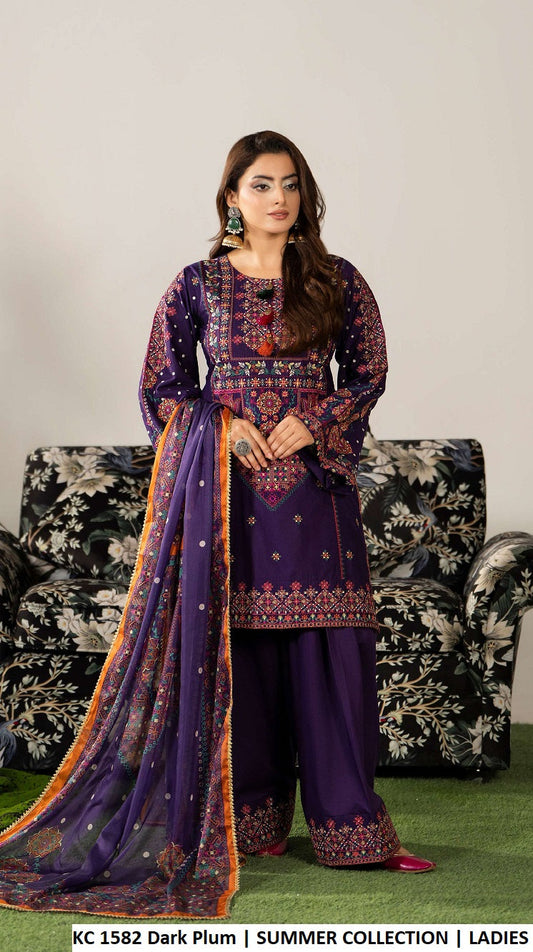 KC AYRA 1582 DARK PLUM - Dark Plum Embroidered Chiffon 3-Piece Women's Pakistani Suit