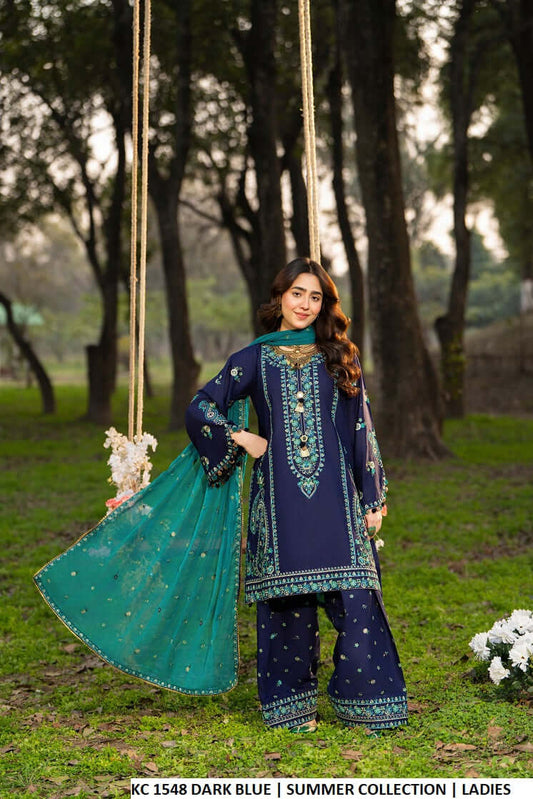 Cotton short shirt embroidered dark blue - Pakistani women's casual festive outfit with crinkle chiffon dupatta front view