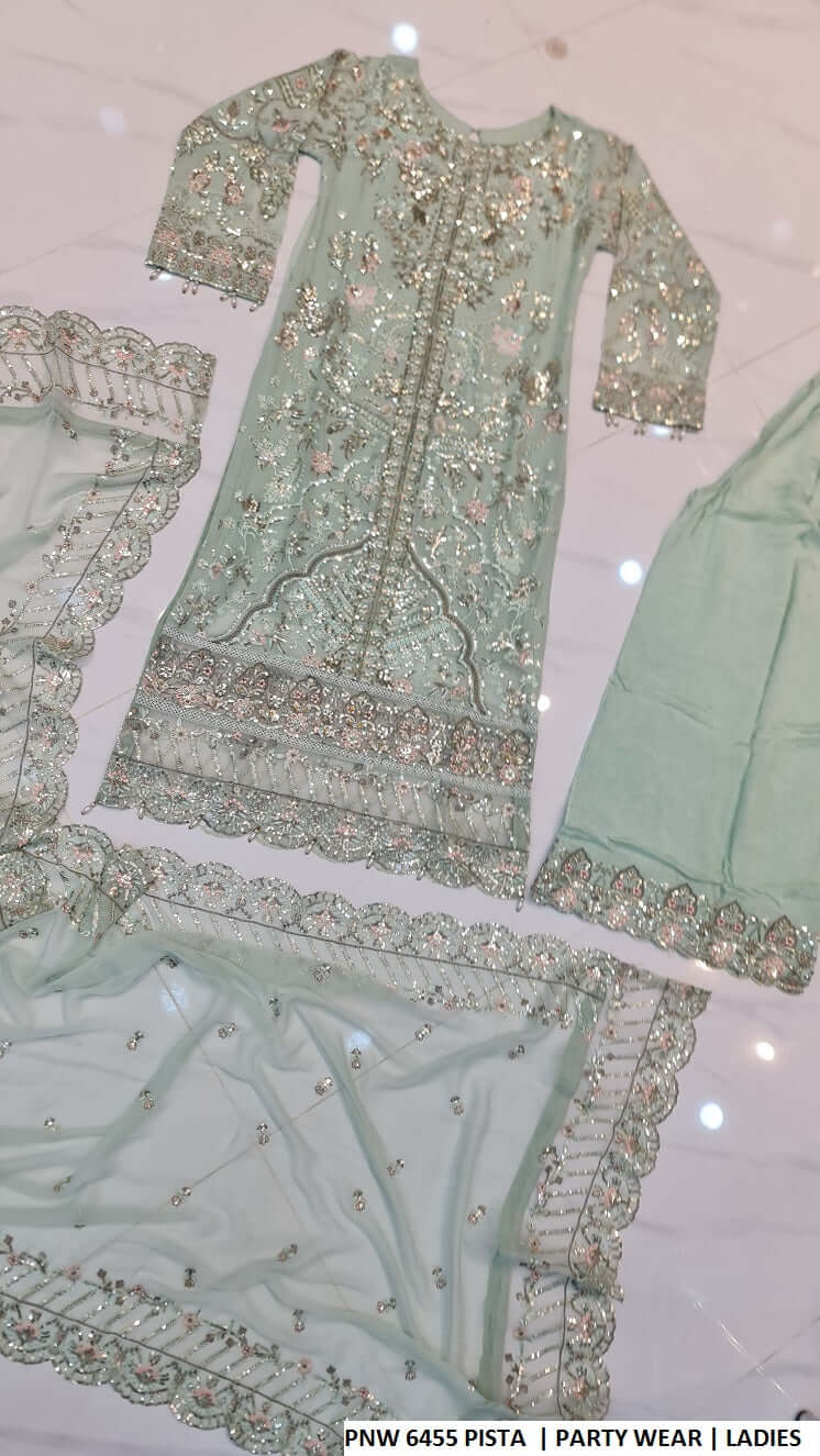 Pista green chiffon Pakistani women's straight shirt back view