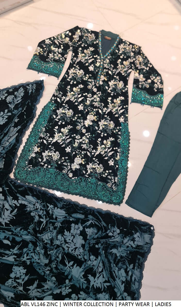 Pakistani women's zinc grey velvet A-Line shirt back view