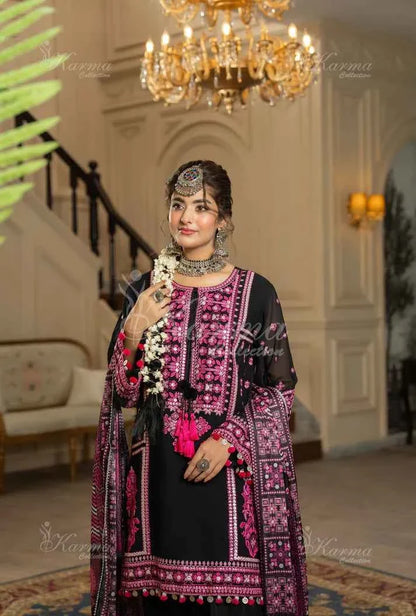 Pakistani women's black silk short shirt farshi shalwar full view