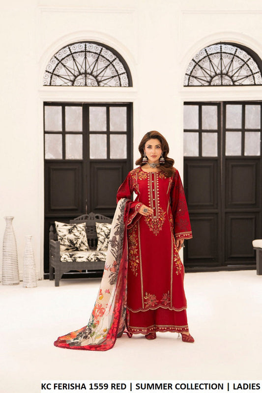 Cotton straight shirt plazo red - Pakistani women's casual outfit with digital print silk dupatta front view