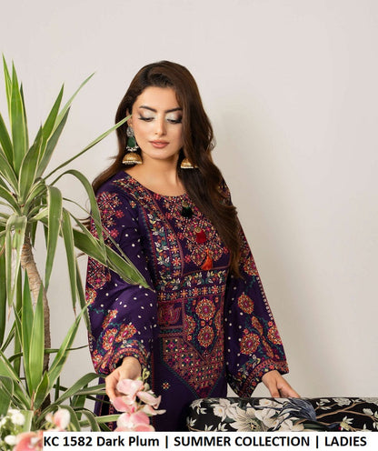 KC AYRA 1582 DARK PLUM - Dark Plum Embroidered Chiffon 3-Piece Women's Pakistani Suit