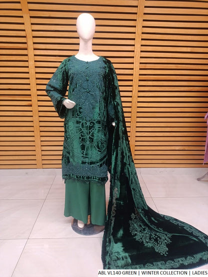 Velvet A-Line shirt green - Pakistani women's winter formal wear with viscose trouser and palachi shawl front view