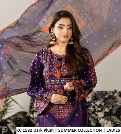 KC AYRA 1582 DARK PLUM - Dark Plum Embroidered Chiffon 3-Piece Women's Pakistani Suit