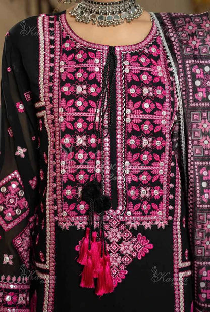 Pakistani women's black silk short shirt farshi shalwar back view