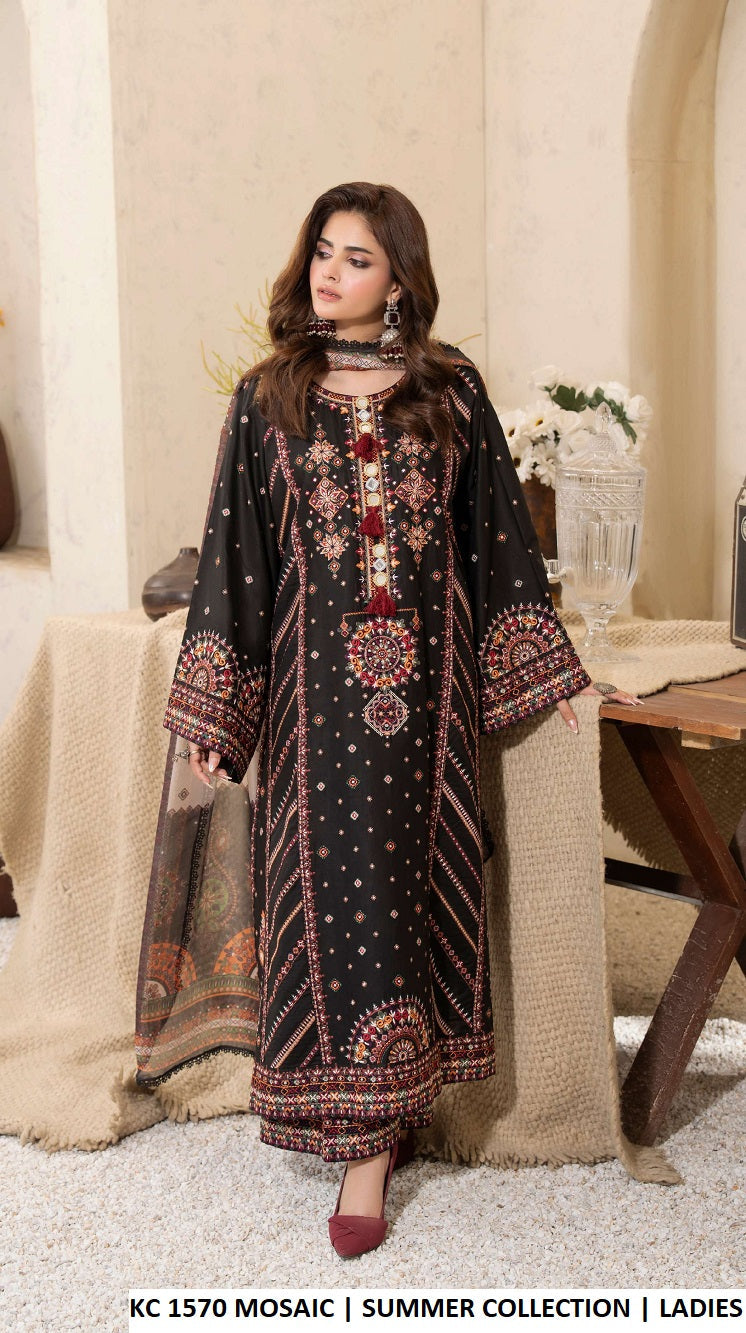 Cotton kashmiri embroidery long shirt KC TABEER 1570 MOSAIC - Pakistani women's casual outfit with silk dupatta front view