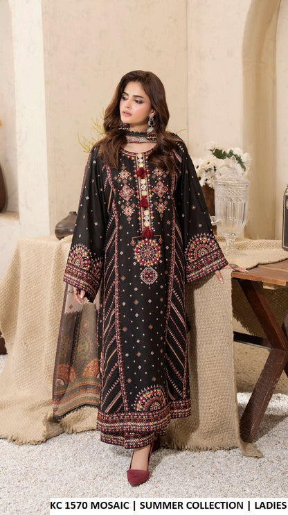 Cotton kashmiri embroidery long shirt KC TABEER 1570 MOSAIC - Pakistani women's casual outfit with silk dupatta front view