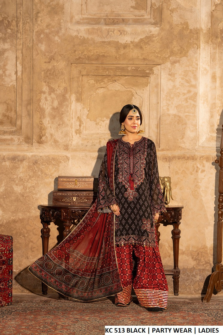 Sindhi balochi embroidered short shirt farshi shalwar ebony black - Pakistani women's traditional cultural festive outfit with ajrak chiffon dupatta front view