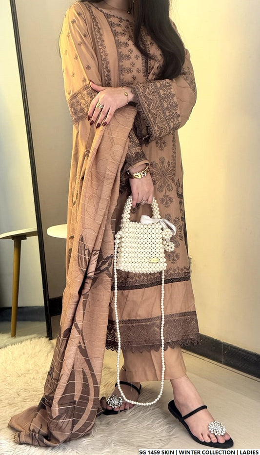 SG 1459 Dhanak A-Line Pakistani women's winter dress with digital dupatta side view