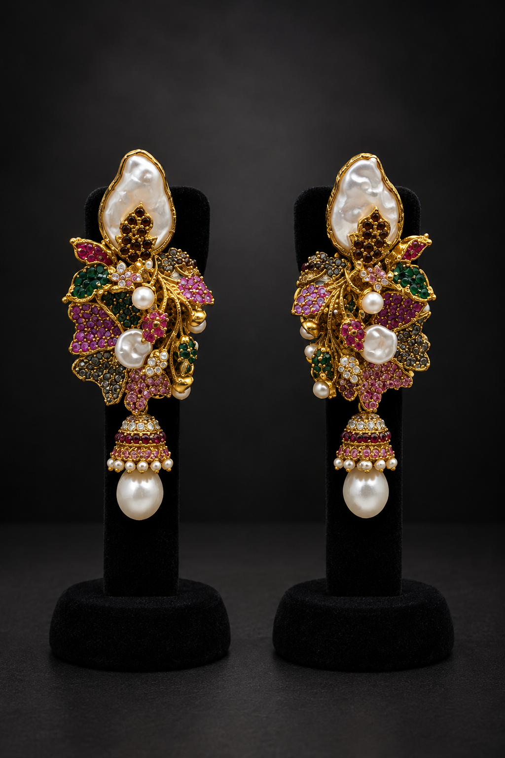 JW111 – Gold-Tone Multicolour Floral Pearl Jhumka Earrings