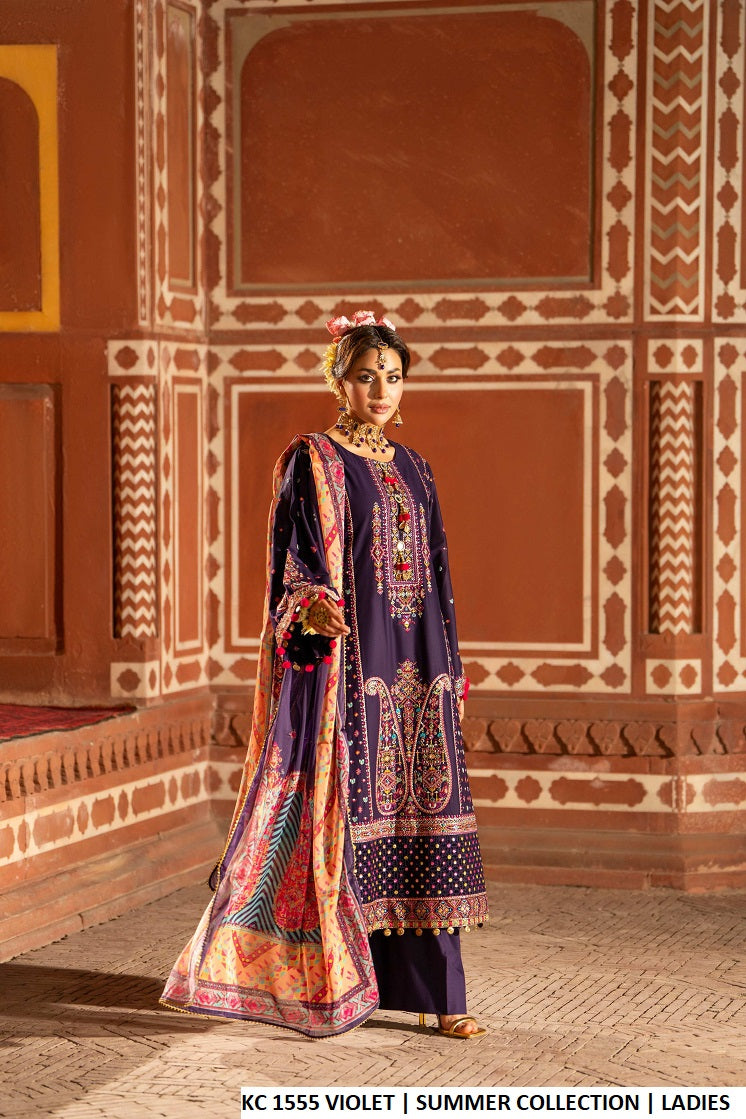 Cotton A-Line shirt plazo violet - Pakistani women's casual outfit with digital print dupatta front view