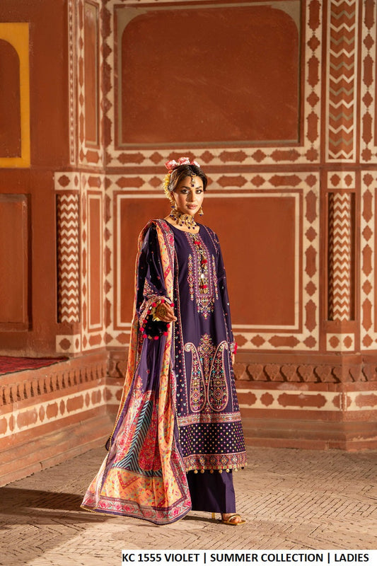 Cotton A-Line shirt plazo violet - Pakistani women's casual outfit with digital print dupatta front view