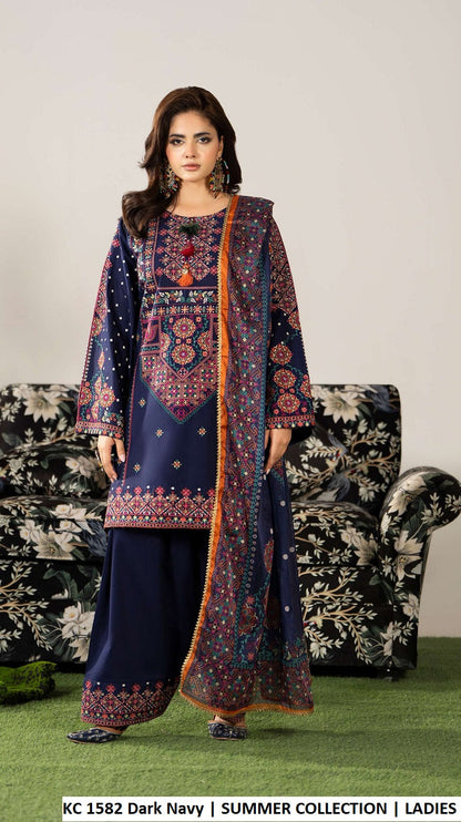 KC AYRA 1582 DARK NAVY - Dark Navy Embroidered 3-Piece Women's Pakistani Suit