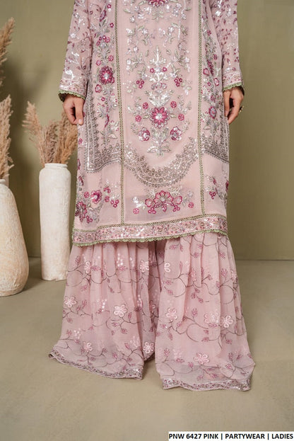Pakistani women's pink chiffon straight shirt gharara detail view
