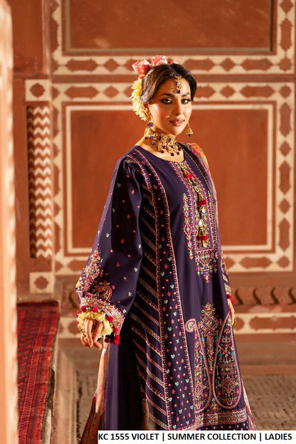 Violet cotton Pakistani women's A-Line shirt with plazo side view
