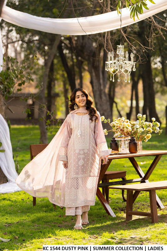 Cotton long embroidered shirt dusty pink - Pakistani women's casual outfit with crinkle chiffon dupatta front view