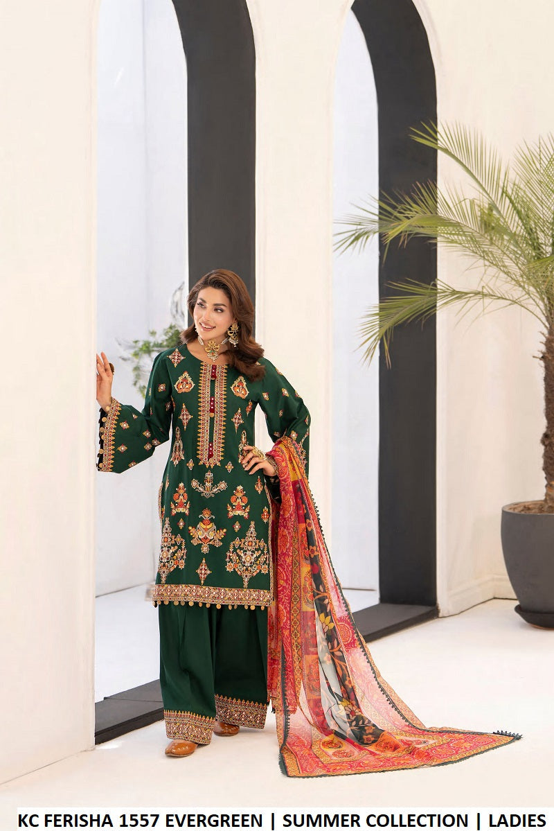 Cotton short shirt farshi shalwar green - Pakistani women's traditional casual outfit with digital print silk dupatta front view