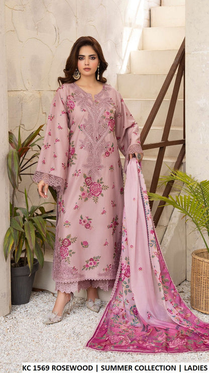 Cotton cross stitch embroidery long shirt KC TABEER 1569 ROSEWOOD - Pakistani women's casual outfit with printed dupatta front view