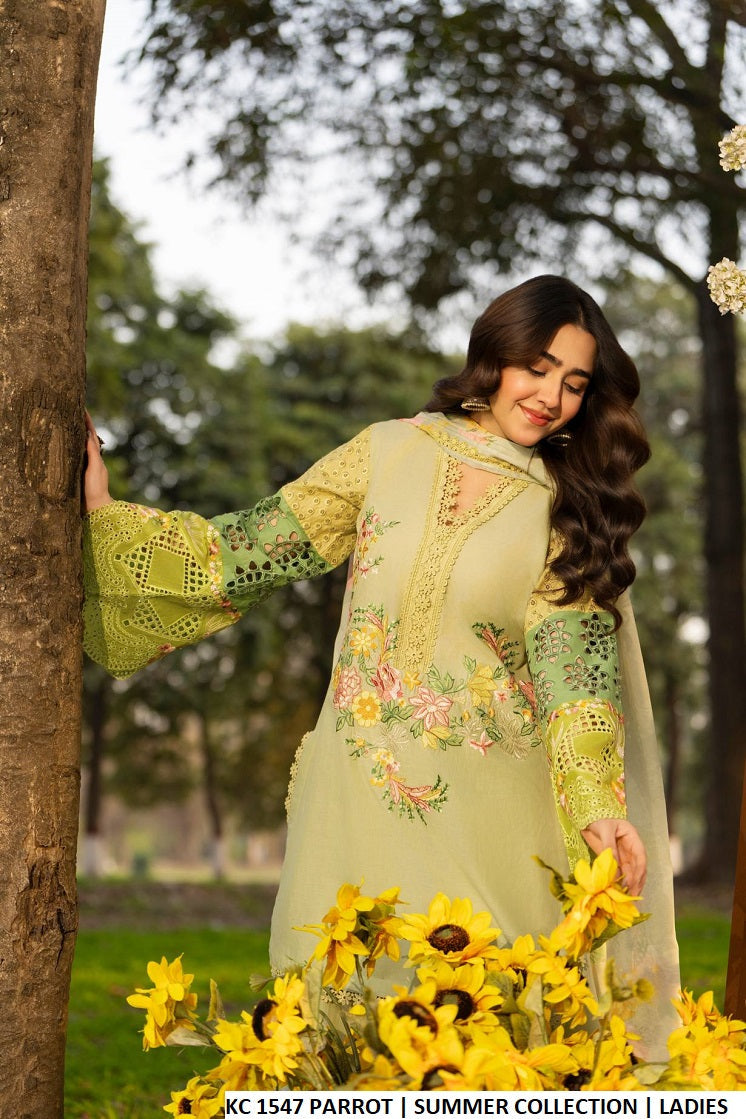 Pakistani women's parrot green cotton short shirt with flared trouser full view
