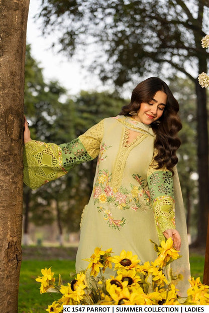 Pakistani women's parrot green cotton short shirt with flared trouser full view