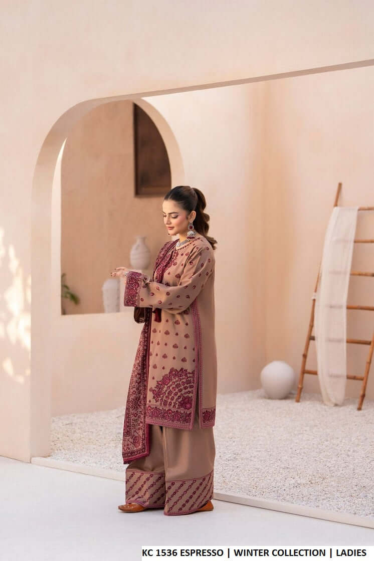 Pakistani women's espresso brown silk short shirt farshi shalwar detail view