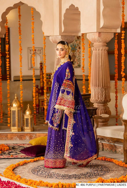 Pakistani women's purple silk long kaftan plazo back view