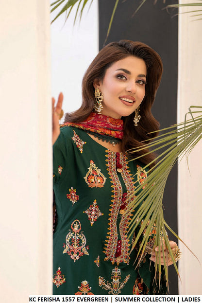 Green cotton Pakistani women's short shirt with farshi shalwar side view