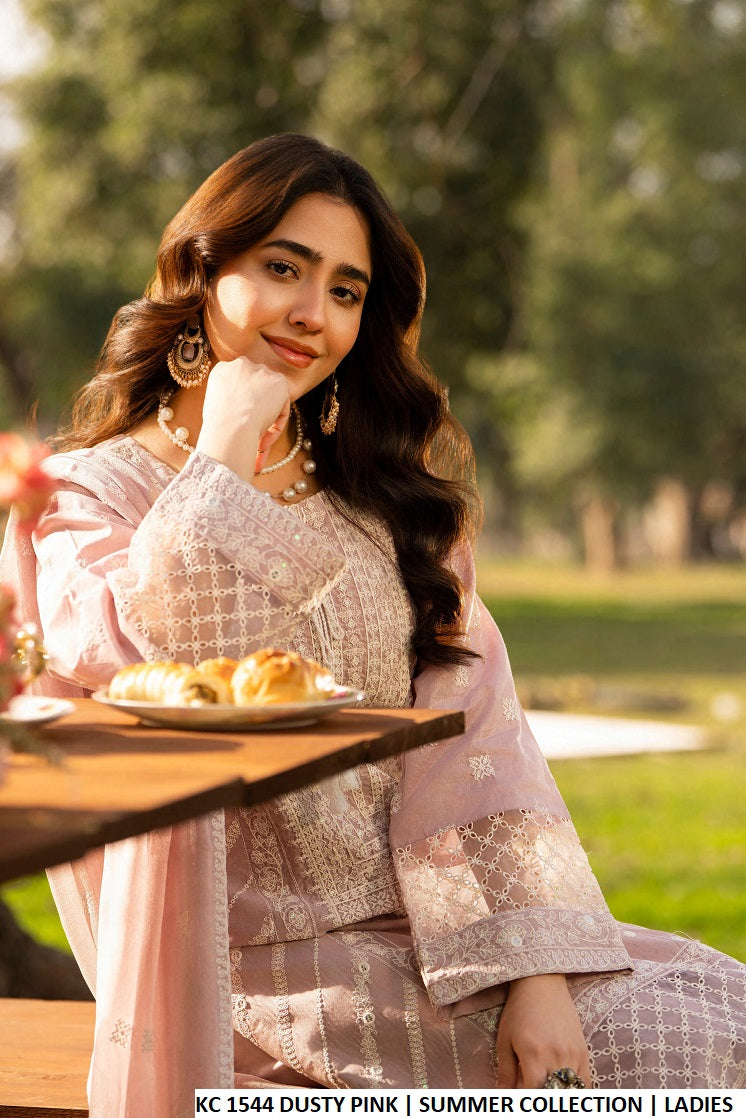 Pakistani women's dusty pink cotton long embroidered shirt detail view