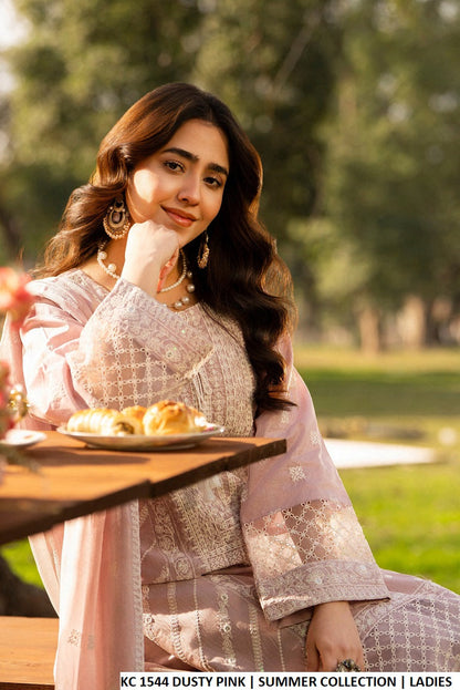 Pakistani women's dusty pink cotton long embroidered shirt detail view