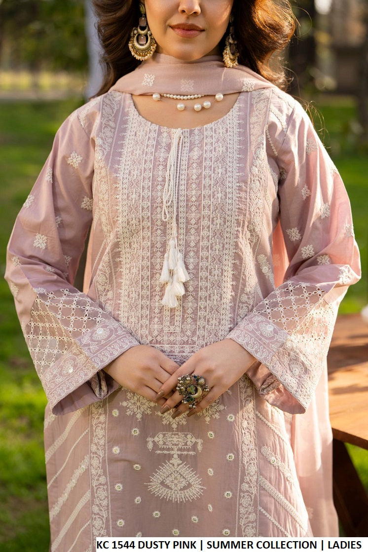 Dusty pink cotton Pakistani women's long embroidered shirt side view