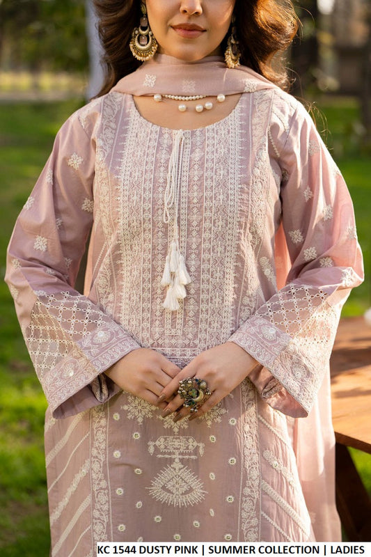 Dusty pink cotton Pakistani women's long embroidered shirt side view