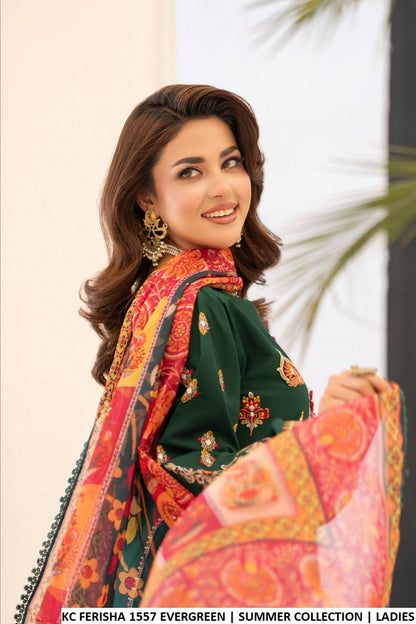 Pakistani women's green cotton short shirt farshi shalwar detail view