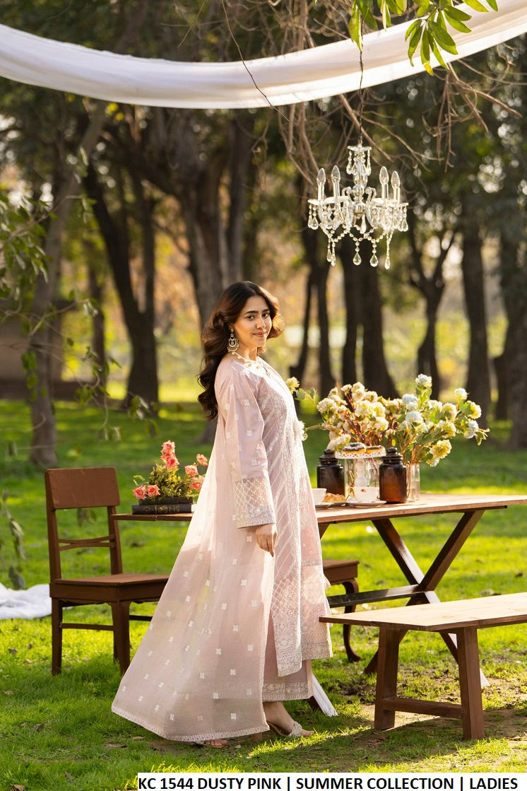 Pakistani women's dusty pink cotton long embroidered shirt full view