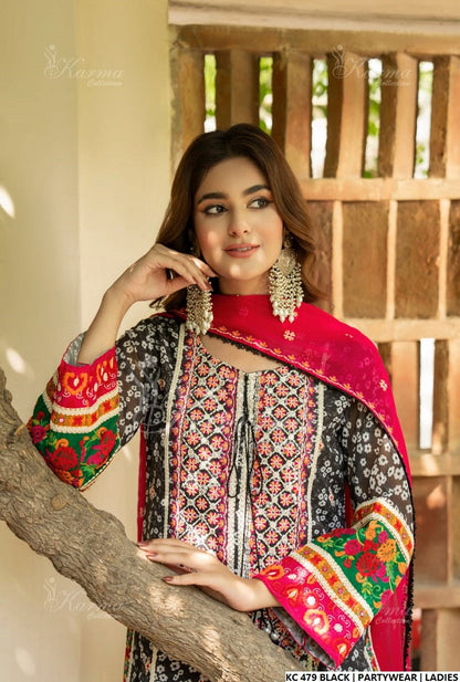 Pakistani women's black silk long kaftan detail view