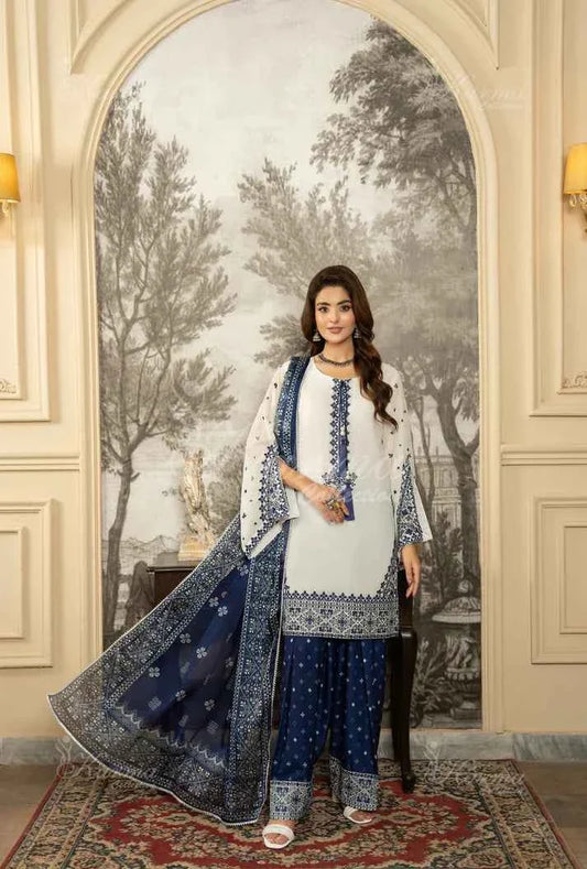 Silk short shirt farshi shalwar navy blue - Pakistani women's traditional formal outfit front view